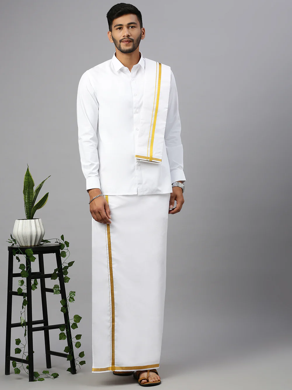 Men White Shirt with inch Gold Jari Border Single Layer Dhoti & Towel Combo